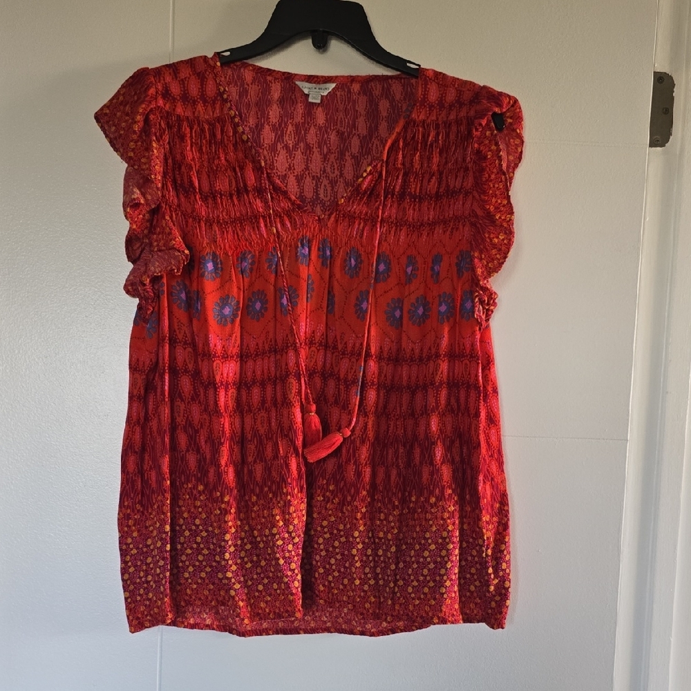 Lucky Brand Vibrant Red Blouse with Blue Accents